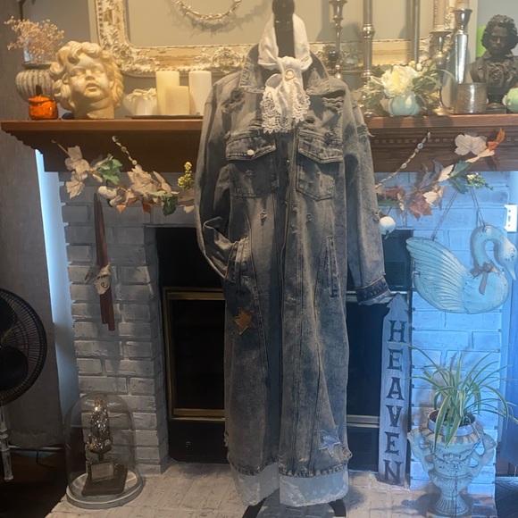 Vintage Upcycled Maxi Denim Jacket Primitive Moon & Stars Boho Shabby Country 3X - Picture 15 of 16